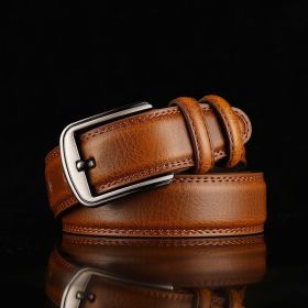 Live broadcast of single piece; two-layer leather men's pin buckle perforated belt; men's leather business belt; trousers belt; men's (Length (CM): 125cm, colour: Yellowish brown)