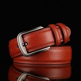 Live broadcast of single piece; two-layer leather men's pin buckle perforated belt; men's leather business belt; trousers belt; men's (Length (CM): 120cm, colour: Reddish brown)