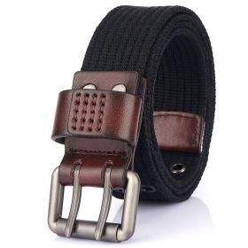 2021 New Thick Canvas Men's Double Needle Buckle Belt Jeans Casual Inner Belt (Length (CM): 120cm, colour: black)