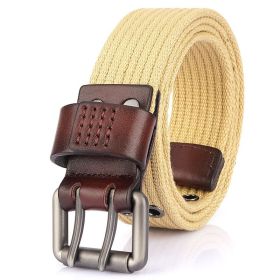 2021 New Thick Canvas Men's Double Needle Buckle Belt Jeans Casual Inner Belt (Length (CM): 120cm, colour: khaki)